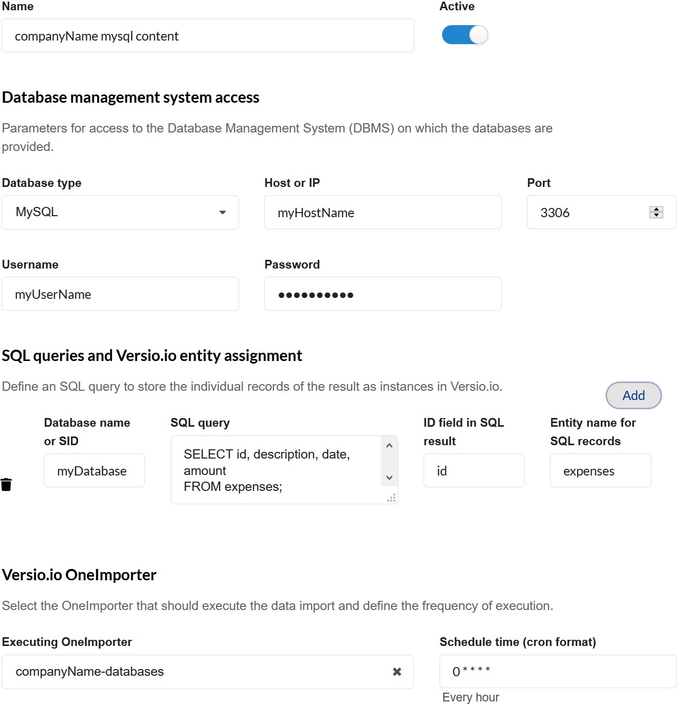 Versio.io generic database content importer configuration