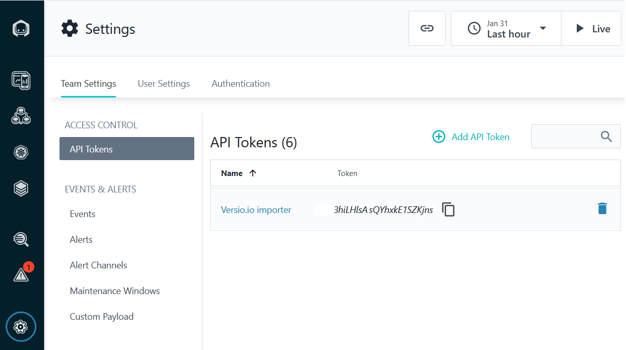 Configure a Instana API token for Versio.io integration