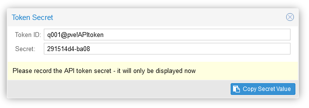 Proxmox API Token created