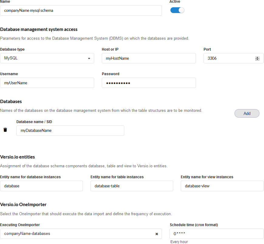 Versio.io database schema importer configuration
