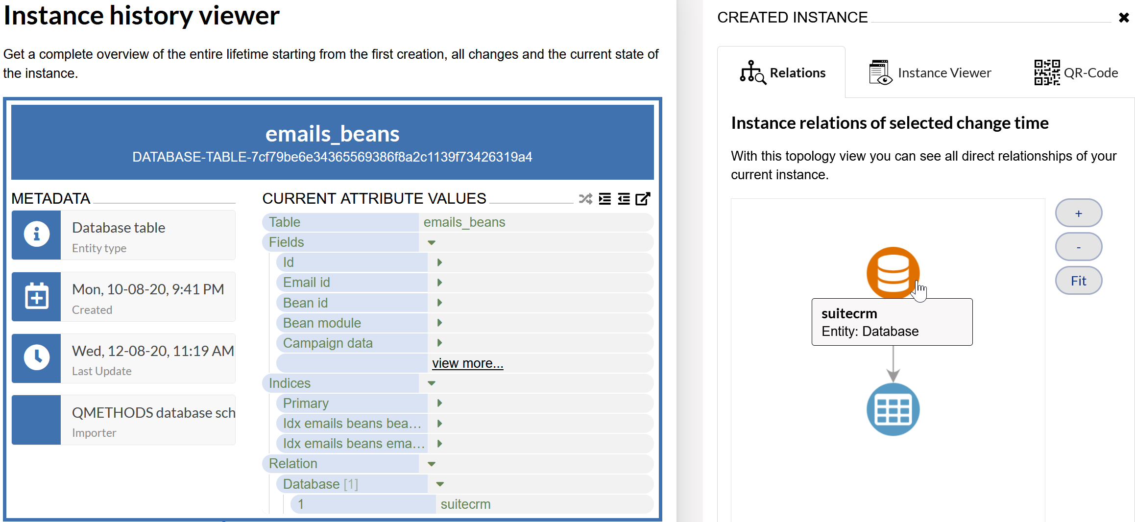 Versio.io database table instance overview